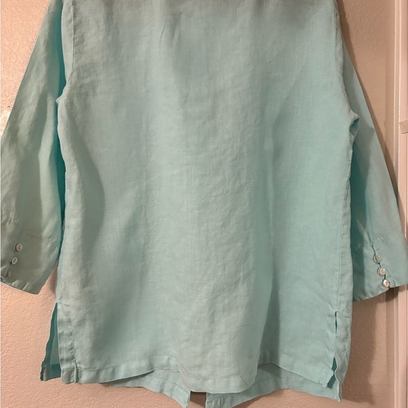 100%linen aqua blue ruffle button up tunic. 3/4 sleeve,  split hem. - Picture 8 of 16